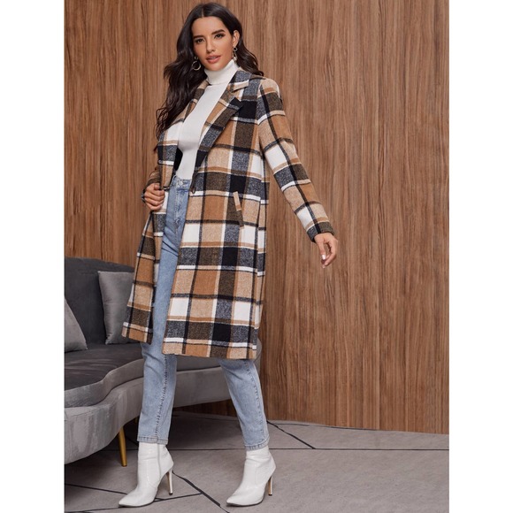 long trench coat Single Button Plaid pea Coat camel tan black fall  long line - Picture 4 of 8